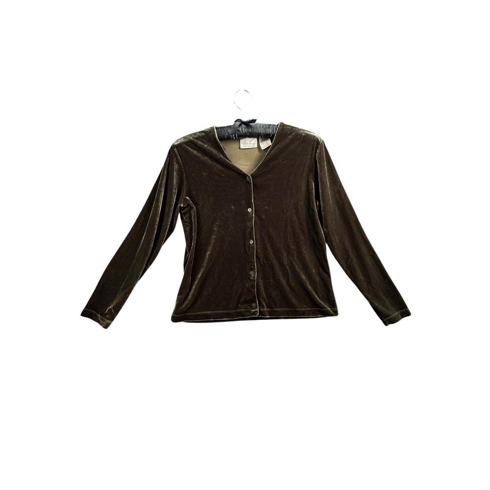 Kathie Lee Collection Olive Green Velvet Cardigan Womens M Button Front Stretch